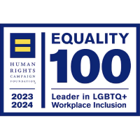 Human Rights Campaign Foundation Equality 100 2023-2024 Leader in LGBTQ+ Workplace Inclusion Badge 
