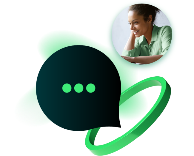 Woman at computer smiling with graphic of ellipsis in quote bubble and green ring