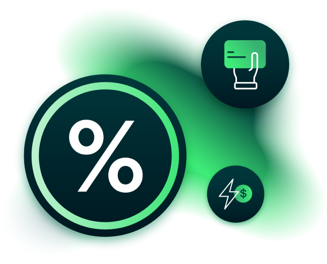Percentage icon with payments icon and rapid payments icon over background with green gradient