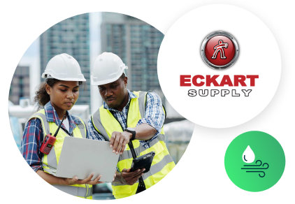 Eckart Supply Image collage with logo icon and two people discussing blueprints