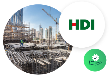 HDI Global Insurance logo icon and image of construction site